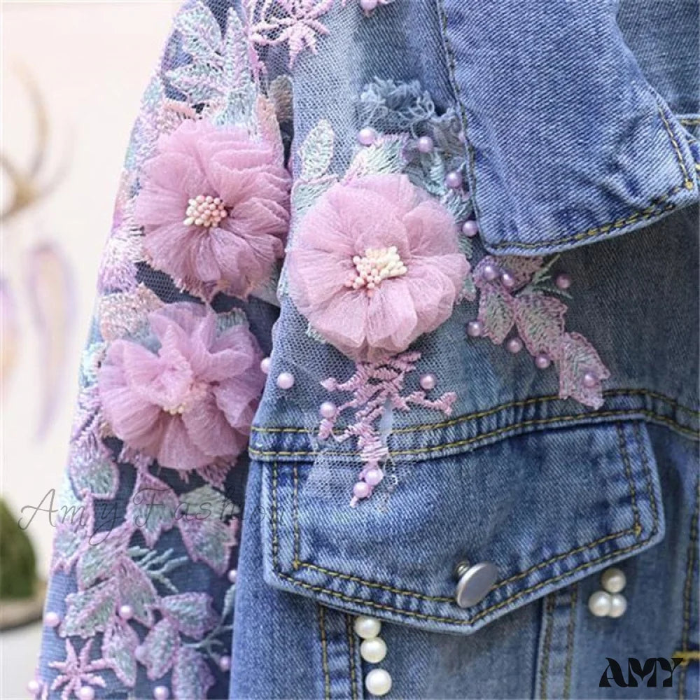 Amy Fashion - Flower Pearl Ripped Denim Jacket