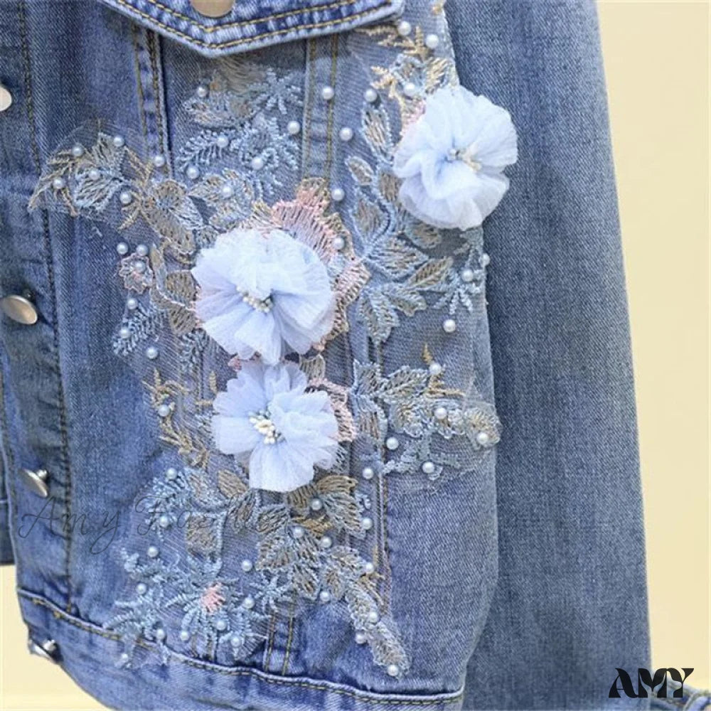 Amy Fashion - Flower Pearl Ripped Denim Jacket