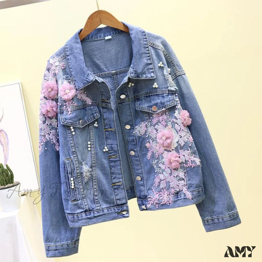 Amy Fashion - Flower Pearl Ripped Denim Jacket