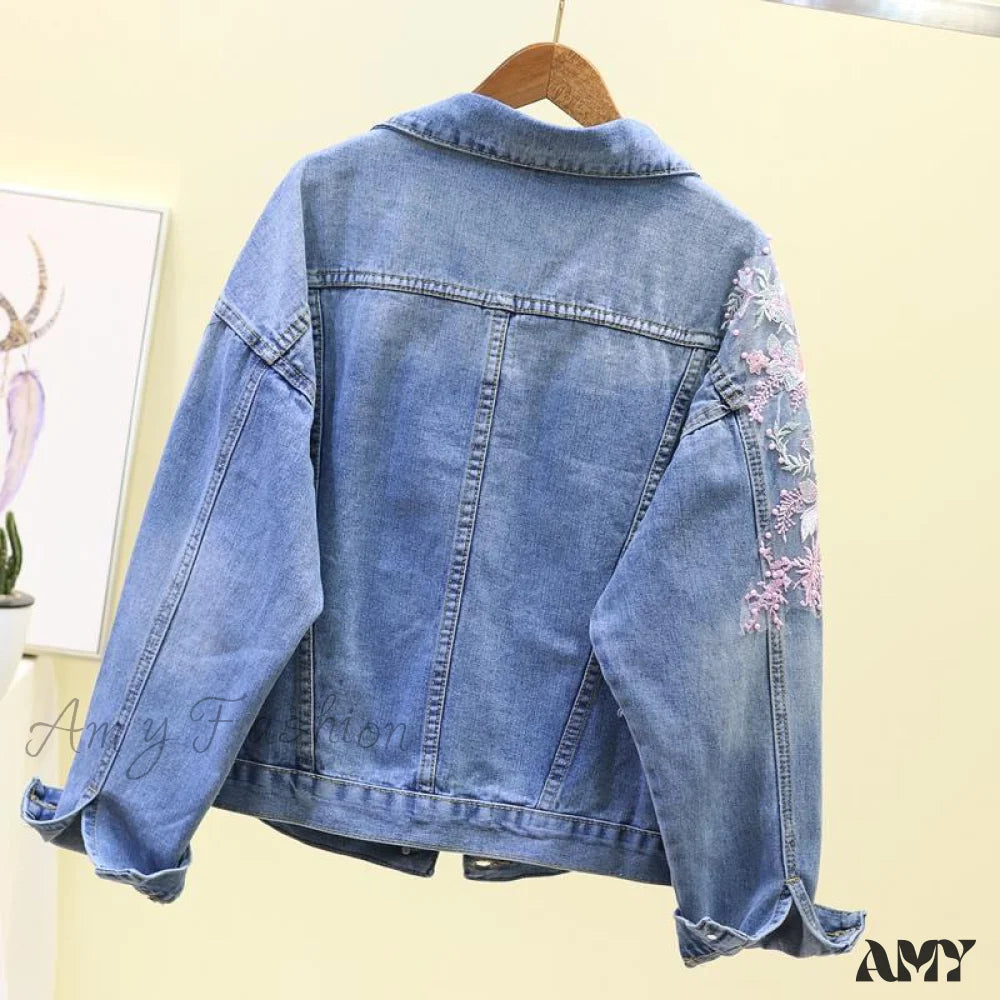 Amy Fashion - Flower Pearl Ripped Denim Jacket