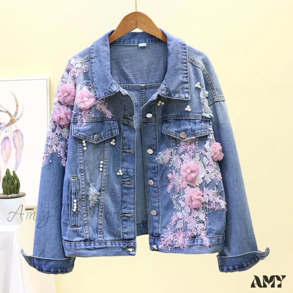 Amy Fashion - Flower Pearl Ripped Denim Jacket