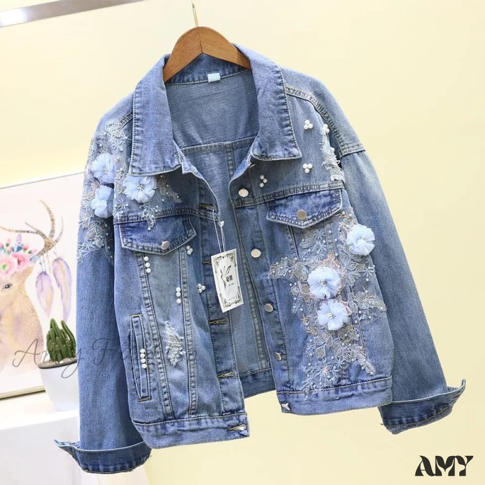 Amy Fashion - Flower Pearl Ripped Denim Jacket Blue / S