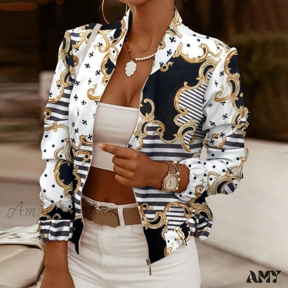 Amy Fashion - Flower Print Long Sleeve Bomber Jacket 11 / S