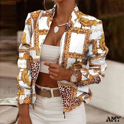 Amy Fashion - Flower Print Long Sleeve Bomber Jacket 13 / S