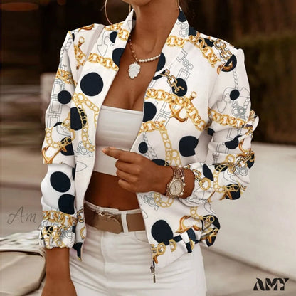 Amy Fashion - Flower Print Long Sleeve Bomber Jacket