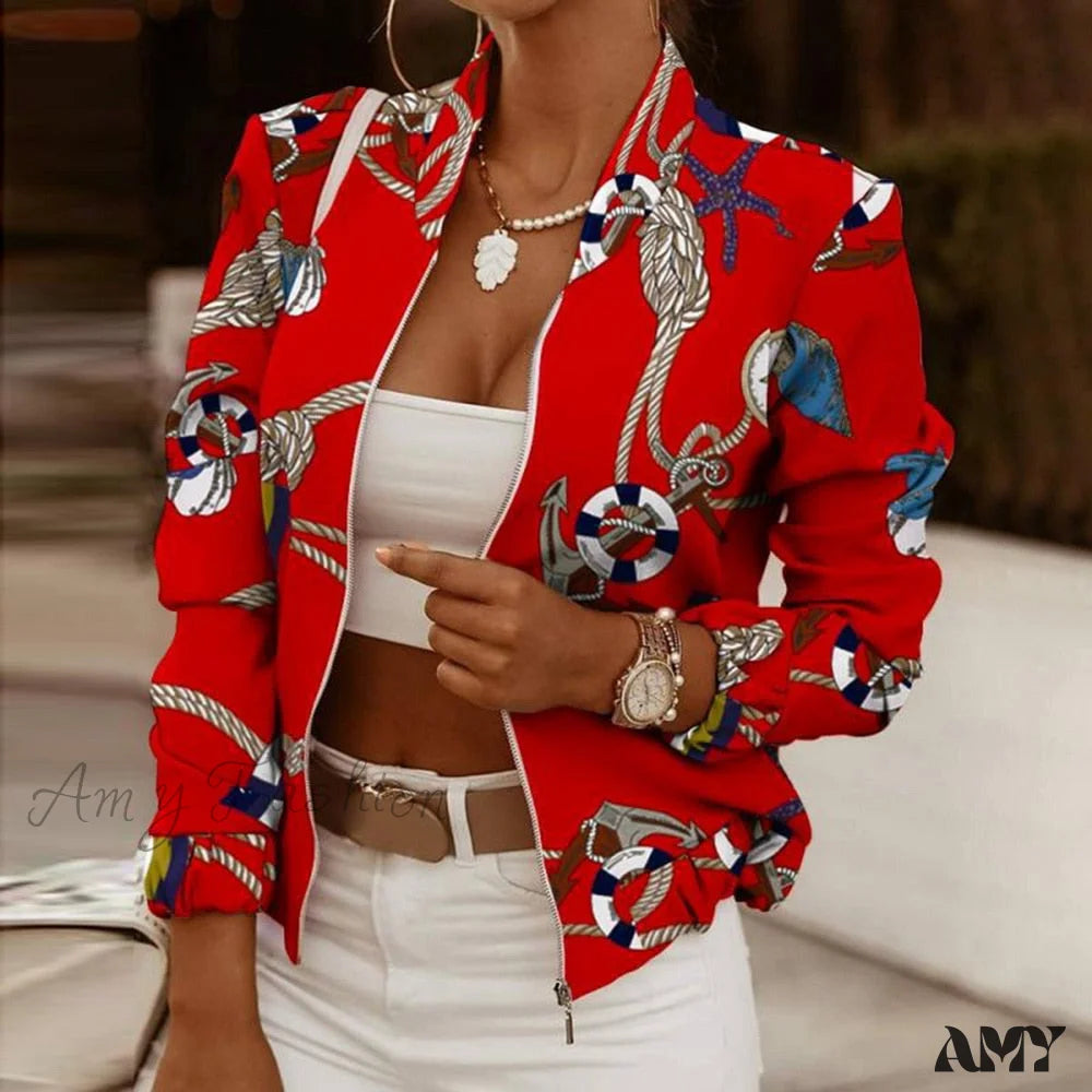 Amy Fashion - Flower Print Long Sleeve Bomber Jacket 6 / S