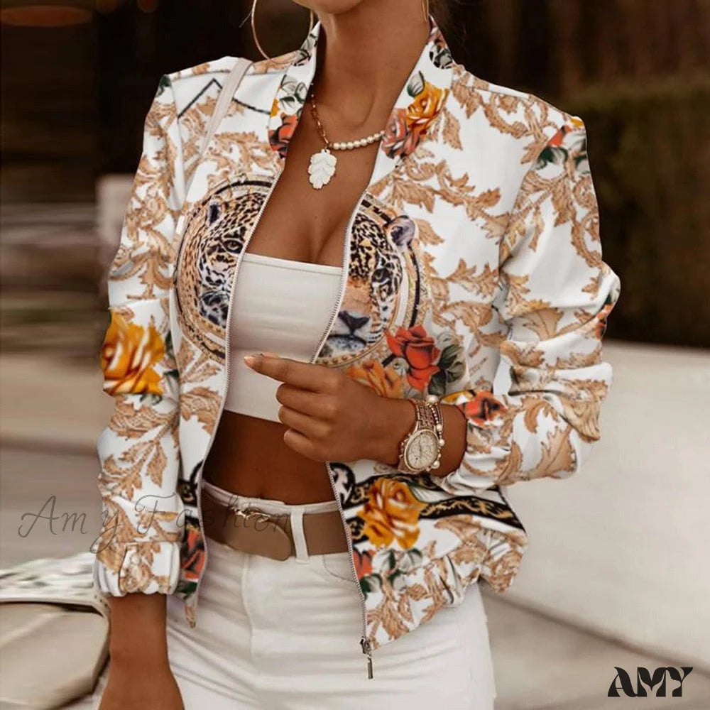 Amy Fashion - Flower Print Long Sleeve Bomber Jacket 8 / S