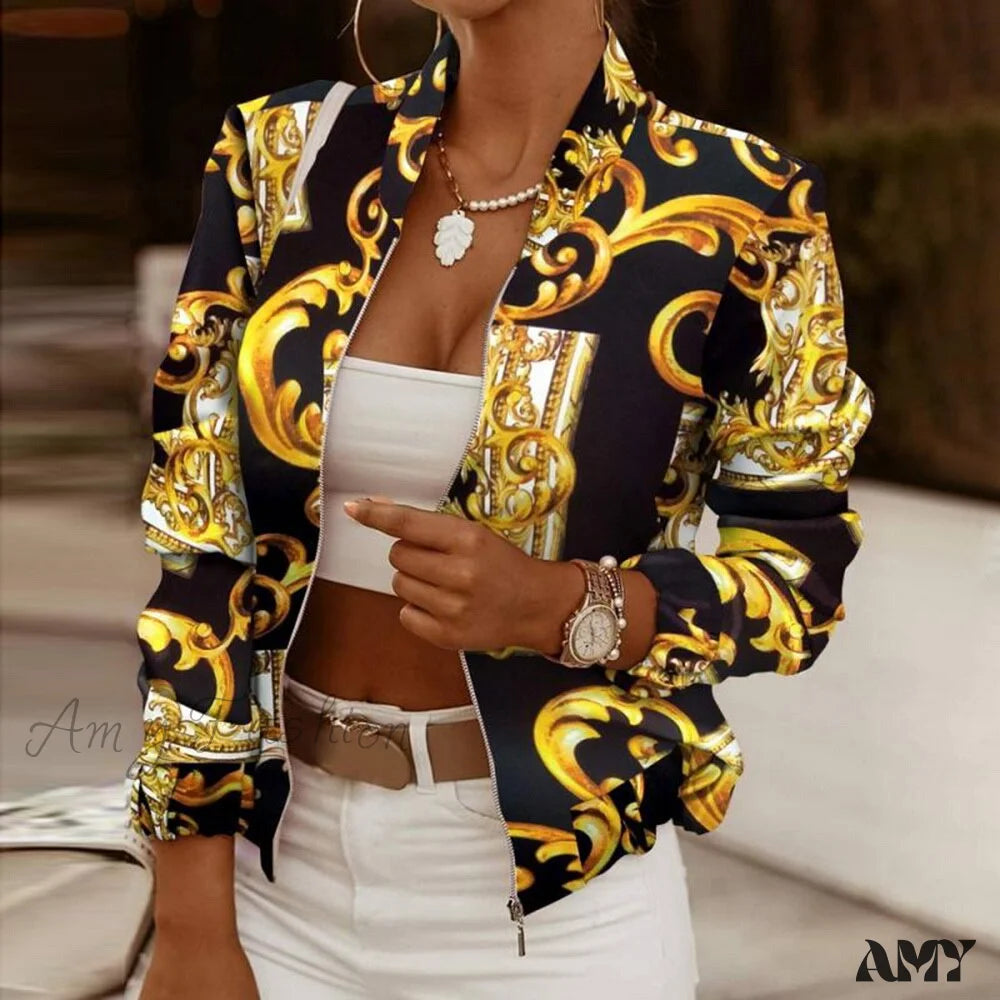 Amy Fashion - Flower Print Long Sleeve Bomber Jacket 9 / S