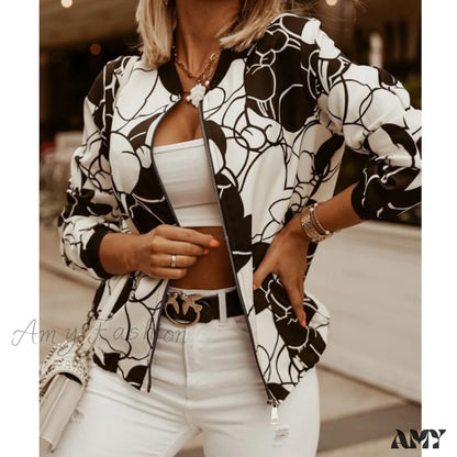 Amy Fashion - Flower Print Long Sleeve Zipper Jacket 1 / S