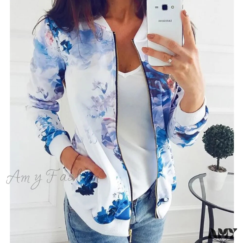 Amy Fashion - Flower Print Long Sleeve Zipper Jacket 10 / S