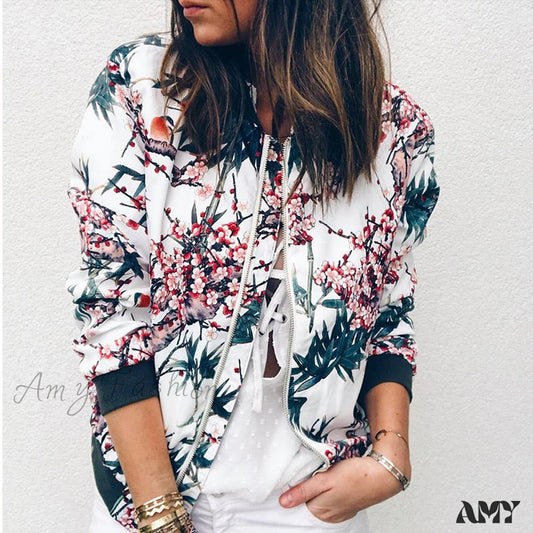 Amy Fashion - Flower Print Long Sleeve Zipper Jacket