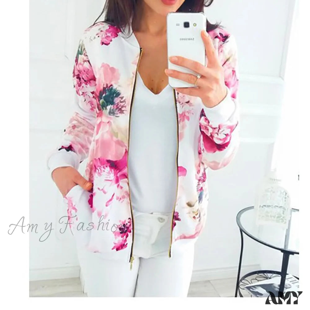 Amy Fashion - Flower Print Long Sleeve Zipper Jacket 11 / S