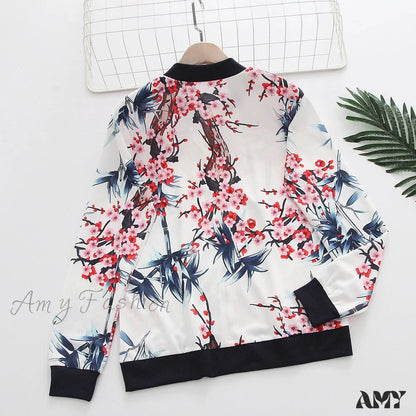 Amy Fashion - Flower Print Long Sleeve Zipper Jacket