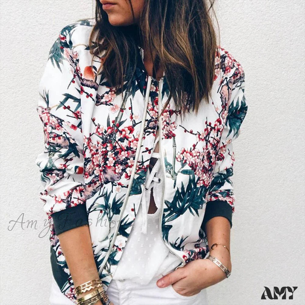 Amy Fashion - Flower Print Long Sleeve Zipper Jacket 2 / S