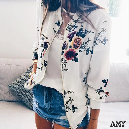 Amy Fashion - Flower Print Long Sleeve Zipper Jacket