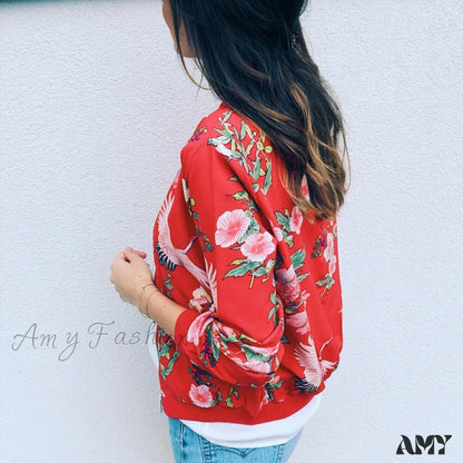 Amy Fashion - Flower Print Long Sleeve Zipper Jacket