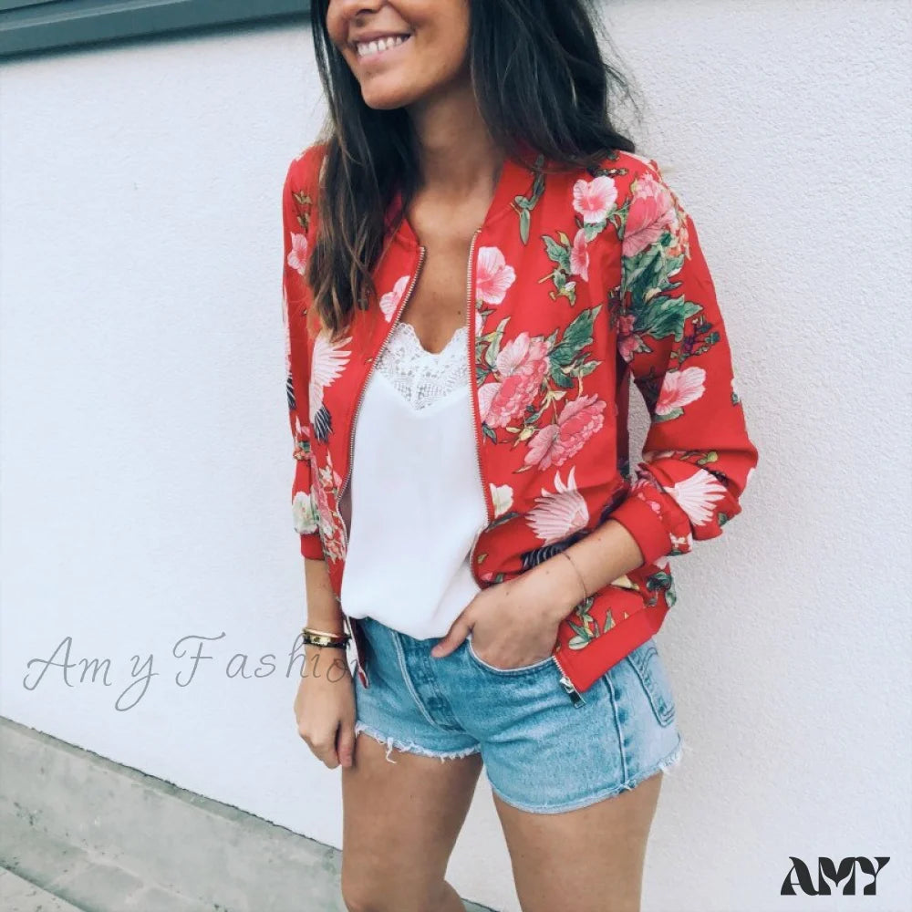 Amy Fashion - Flower Print Long Sleeve Zipper Jacket 4 / S