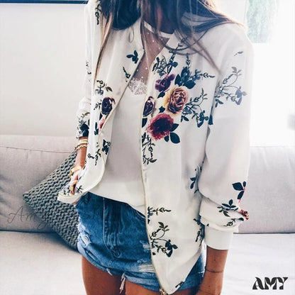 Amy Fashion - Flower Print Long Sleeve Zipper Jacket 5 / S