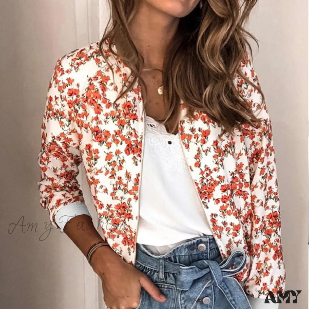 Amy Fashion - Flower Print Long Sleeve Zipper Jacket 6 / S