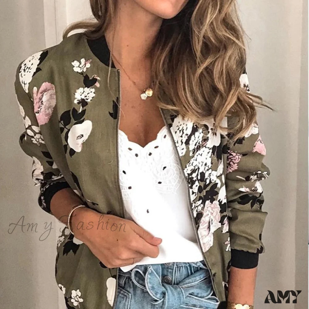 Amy Fashion - Flower Print Long Sleeve Zipper Jacket 7 / S