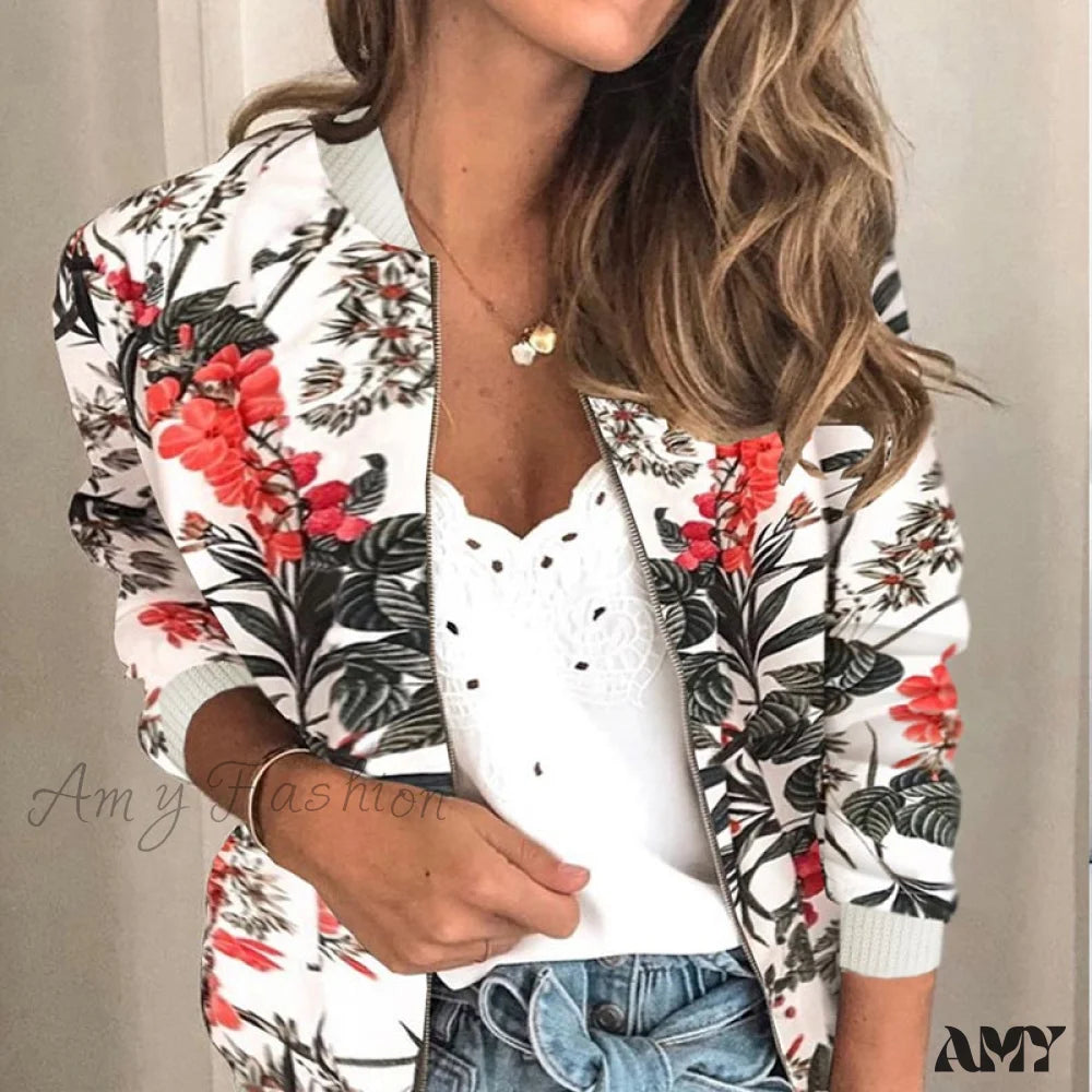 Amy Fashion - Flower Print Long Sleeve Zipper Jacket 8 / S