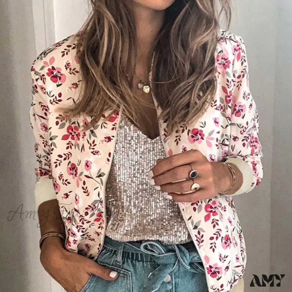 Amy Fashion - Flower Print Long Sleeve Zipper Jacket 9 / S