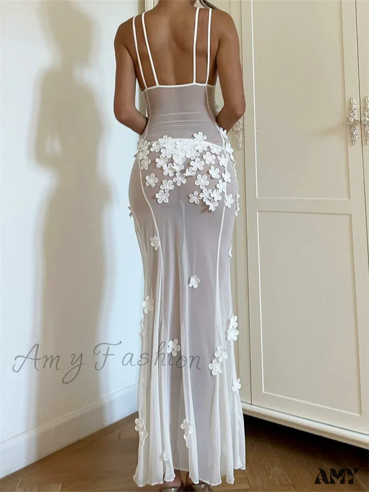 Amy Fashion - Flowers For Women Sexy Sleeveless Strap High Split Backless Mesh See Through Vestidos