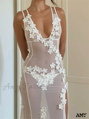 Amy Fashion - Flowers For Women Sexy Sleeveless Strap High Split Backless Mesh See Through Vestidos