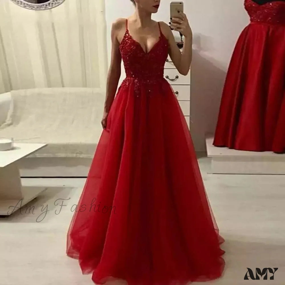 Amy Fashion - Formal Party Night Long Sequins Evening Dress Red / 2