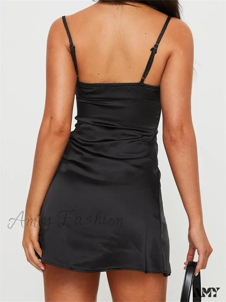 Amy Fashion - Front Tie Up Ruched Sleeveless Spaghetti Strap Mini Dress