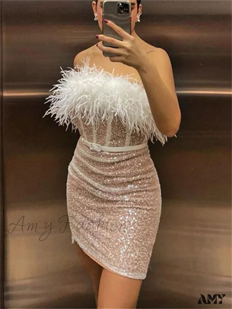 Amy Fashion - Fur Trim Tube Sequins Off-Shoulder Strapless Corset Dress