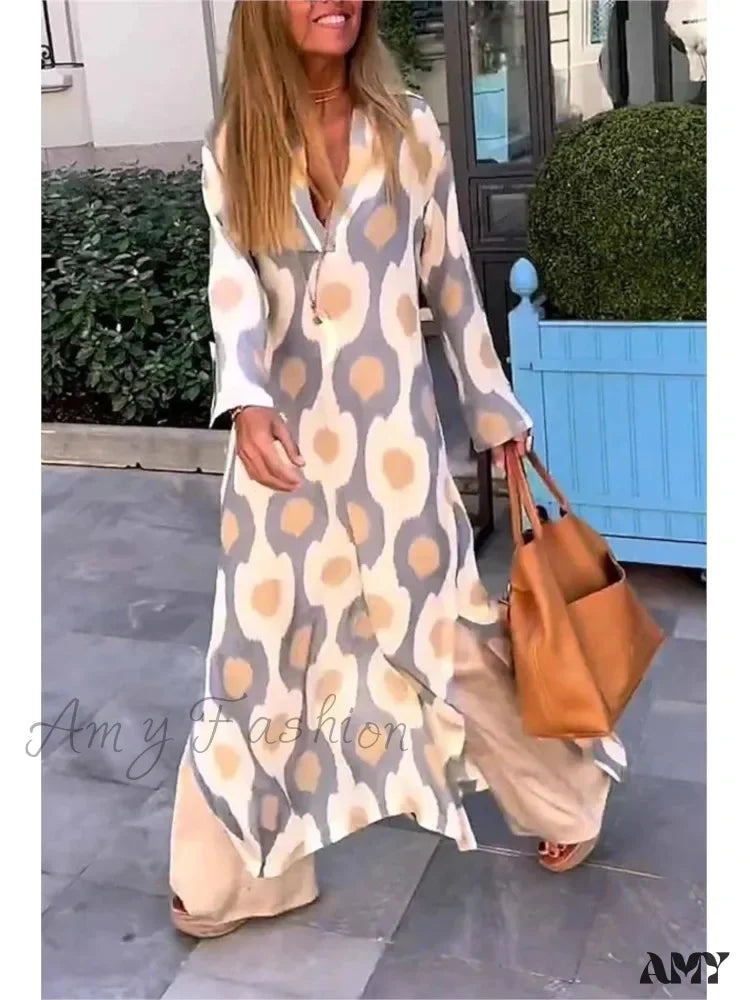 Amy Fashion - Geometric Printing Split Autumn V Neck Boho Dress