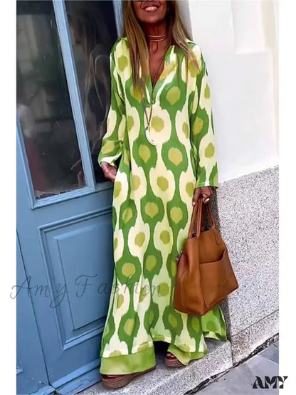 Amy Fashion - Geometric Printing Split Autumn V Neck Boho Dress