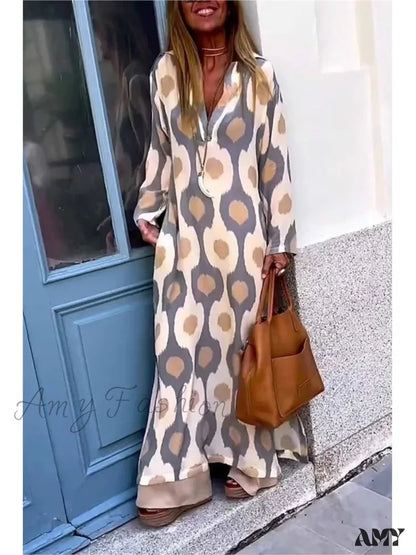 Amy Fashion - Geometric Printing Split Autumn V Neck Boho Dress