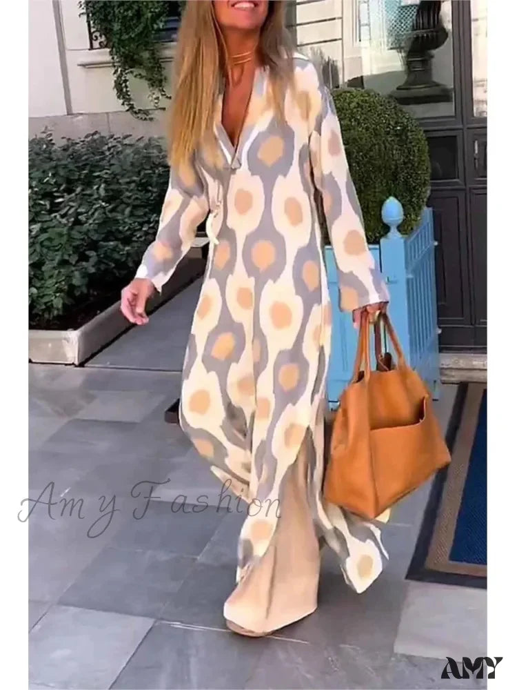 Amy Fashion - Geometric Printing Split Autumn V Neck Boho Dress