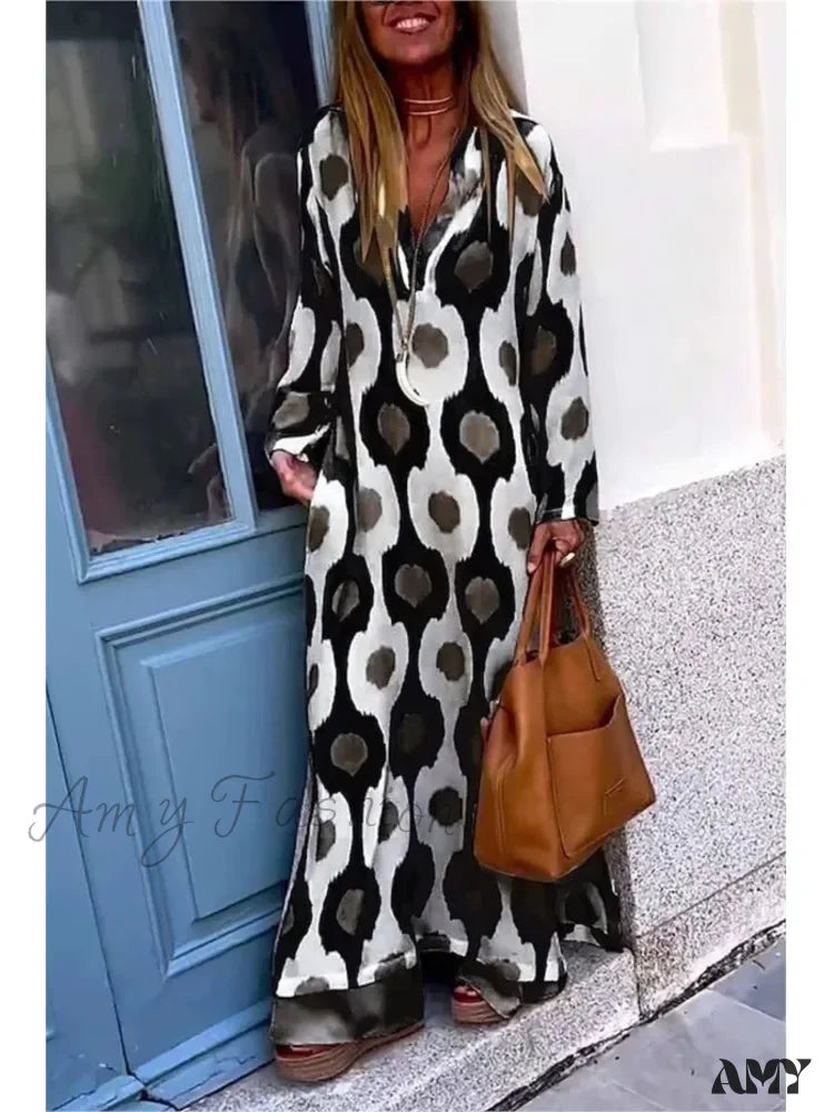 Amy Fashion - Geometric Printing Split Autumn V Neck Boho Dress