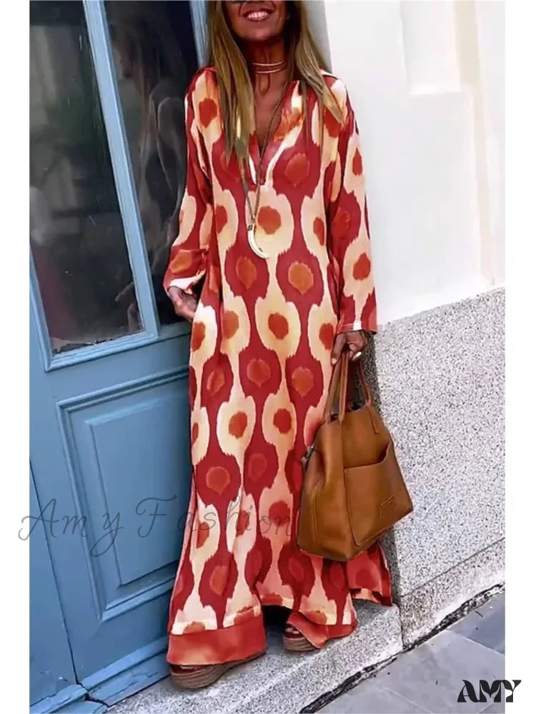 Amy Fashion - Geometric Printing Split Autumn V Neck Boho Dress