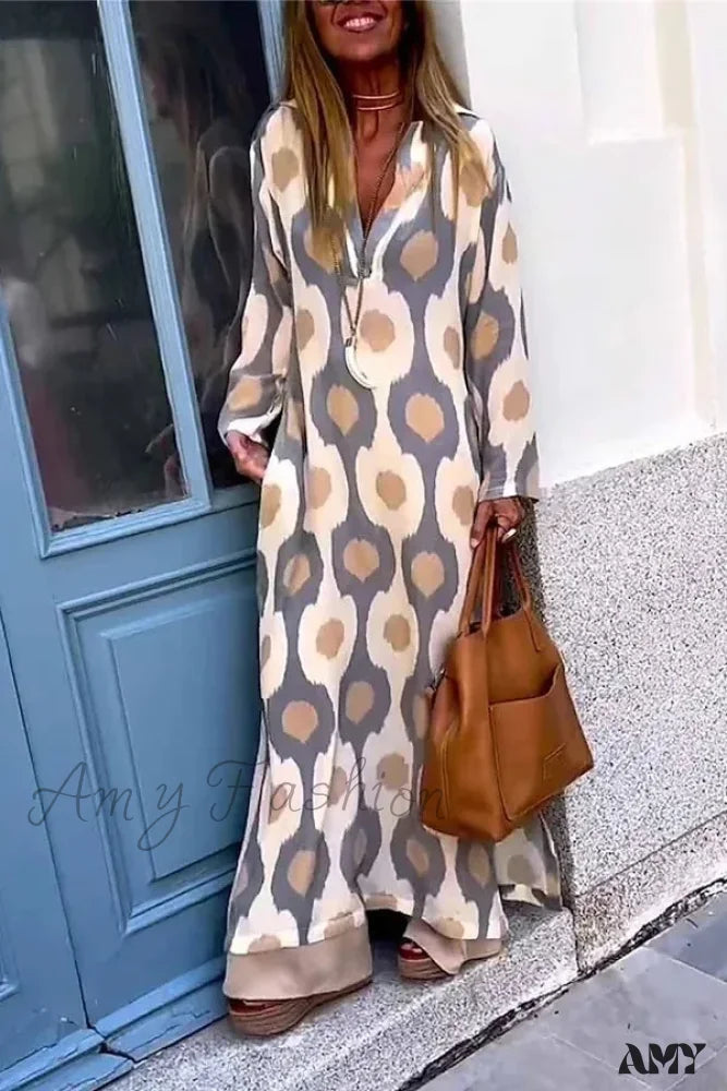 Amy Fashion - Geometric Printing Split Autumn V Neck Boho Dress Apricot / S