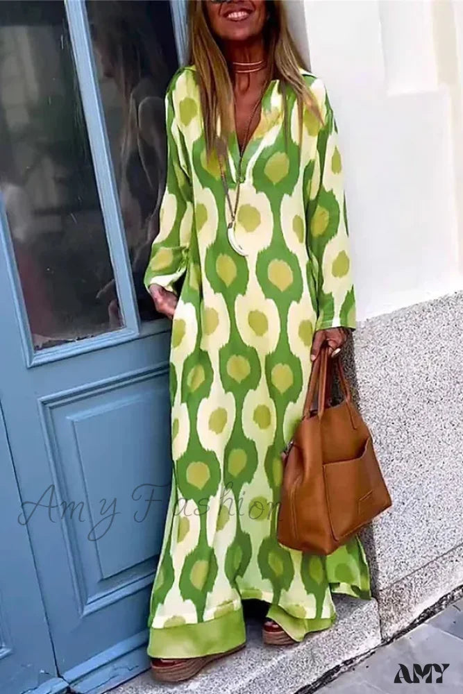 Amy Fashion - Geometric Printing Split Autumn V Neck Boho Dress Green / S