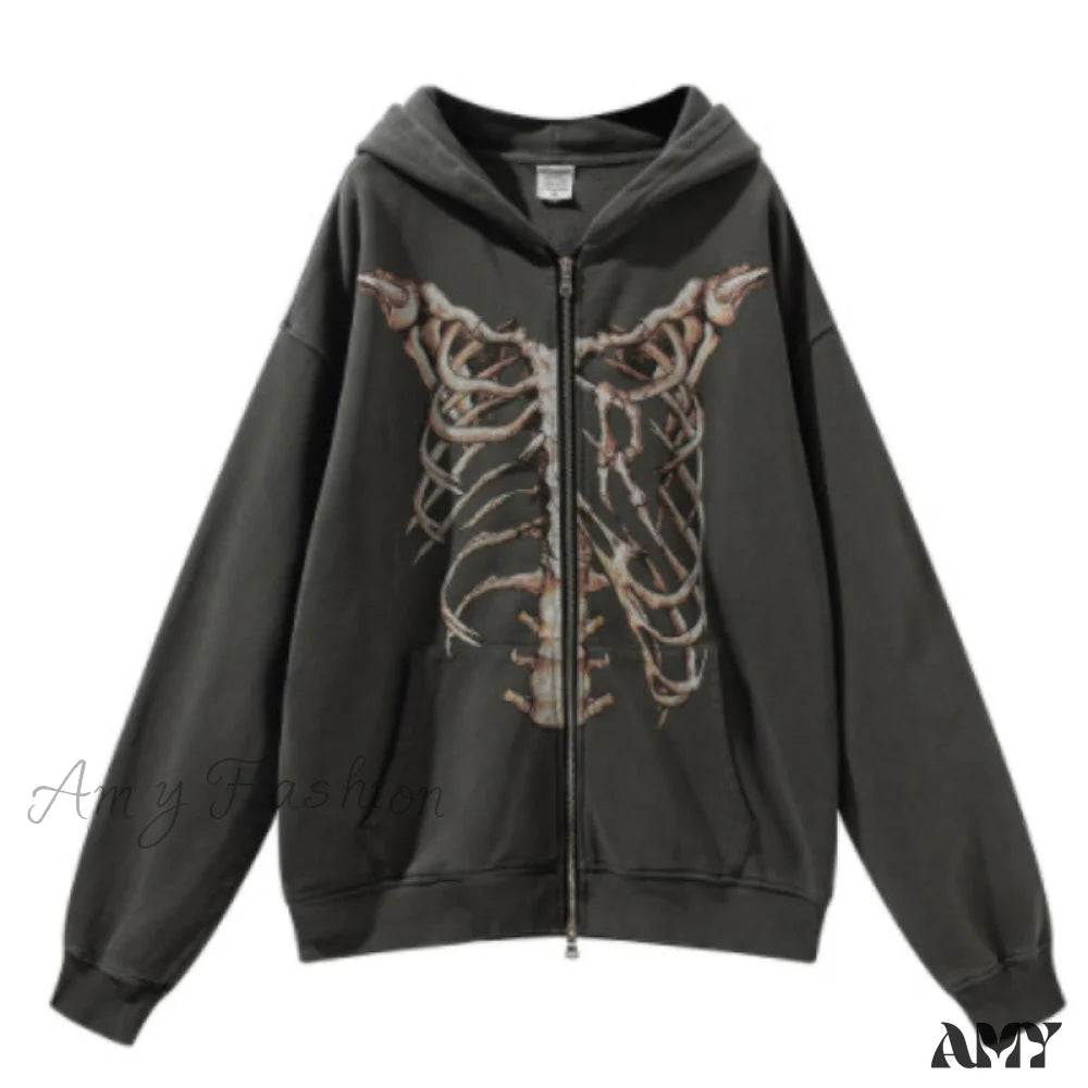 Amy Fashion - Gothic Punk Skeleton Print Hoody Jacket Dark Grey / M