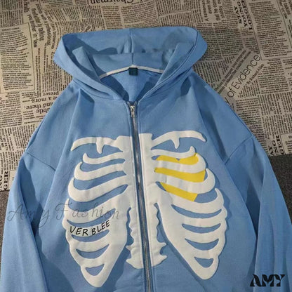 Amy Fashion - Gothic Skeleton Print Hoodies Blue / M