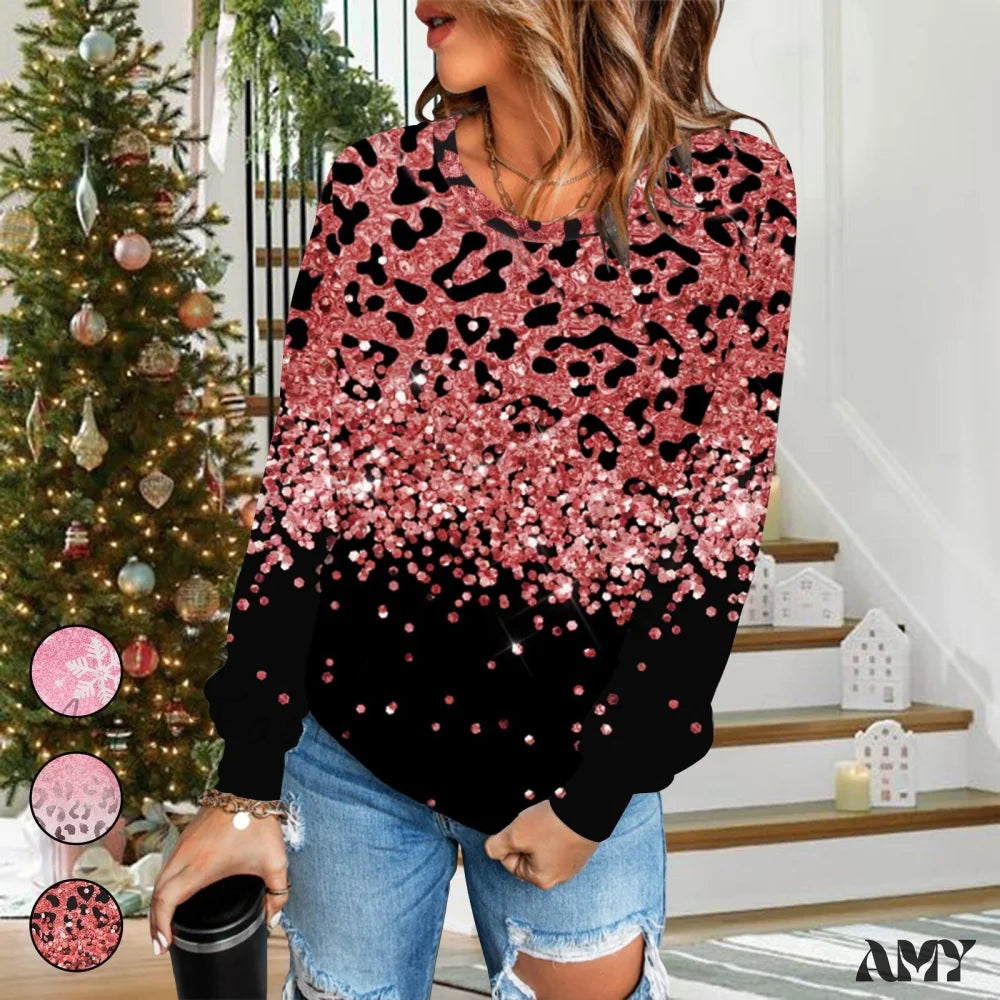 Amy Fashion - Gradual Change Sequin Printing Round Neck Long Sleeve Sweater