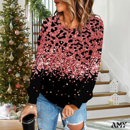 Amy Fashion - Gradual Change Sequin Printing Round Neck Long Sleeve Sweater Black / S