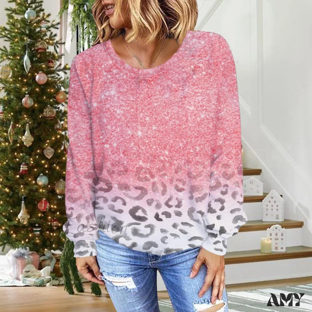 Amy Fashion - Gradual Change Sequin Printing Round Neck Long Sleeve Sweater Pink / S