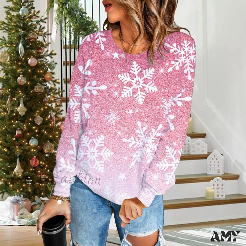 Amy Fashion - Gradual Change Sequin Printing Round Neck Long Sleeve Sweater White / S