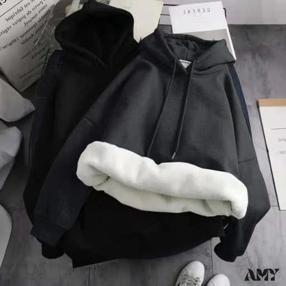 Amy Fashion - Gray Warm Fleece Pullovers Hoodies Black / L