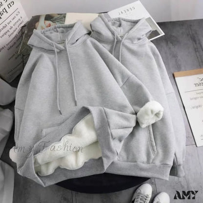 Amy Fashion - Gray Warm Fleece Pullovers Hoodies Gray / Xxl