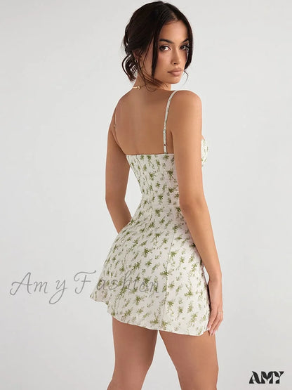 Amy Fashion - Green Floral Print Vacation Beach Party Dress