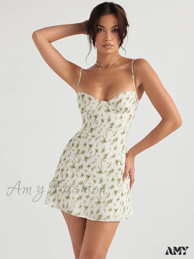 Amy Fashion - Green Floral Print Vacation Beach Party Dress Double Layer Green / Xs