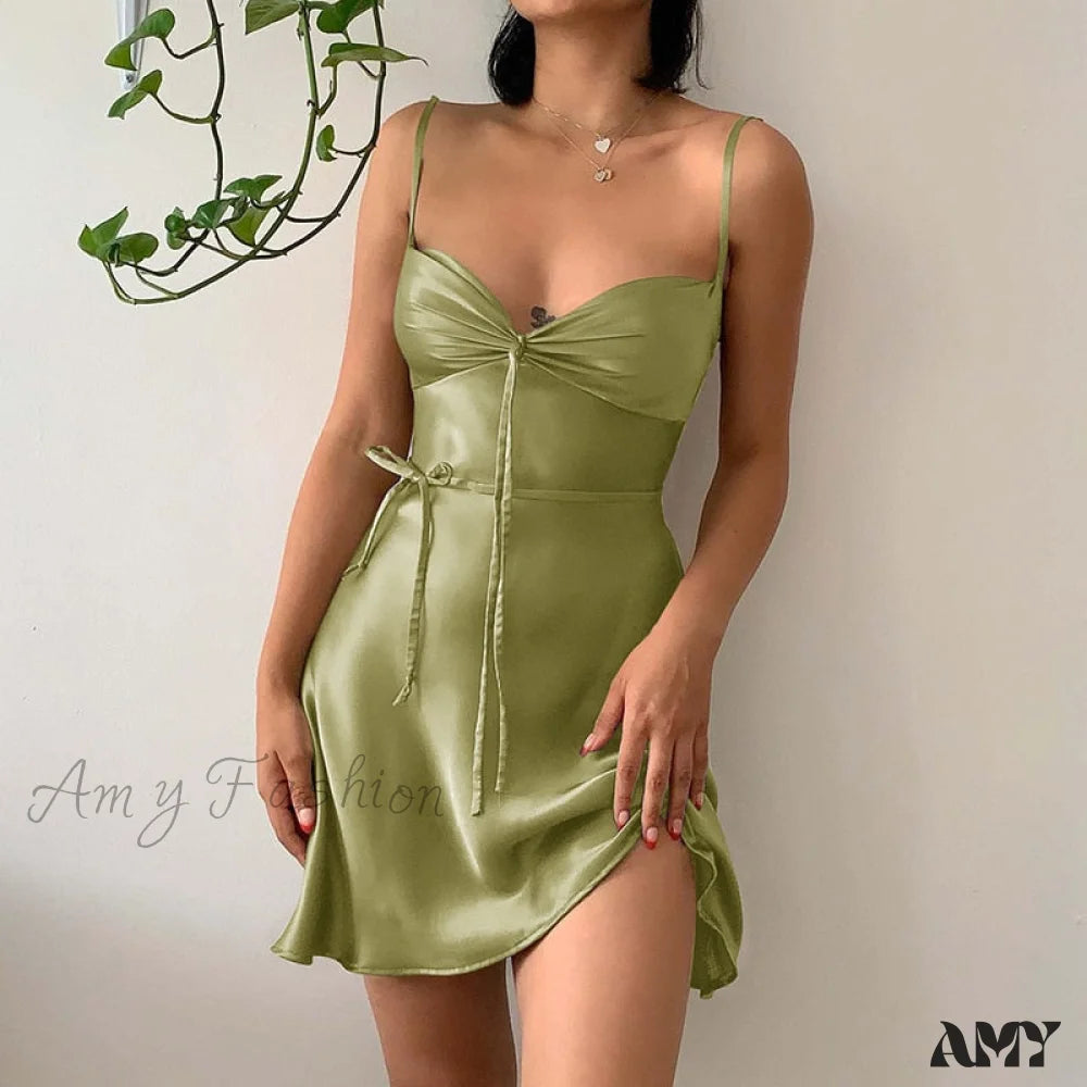 Amy Fashion - Green Mini Dress Sexy Satin Slip Summer
